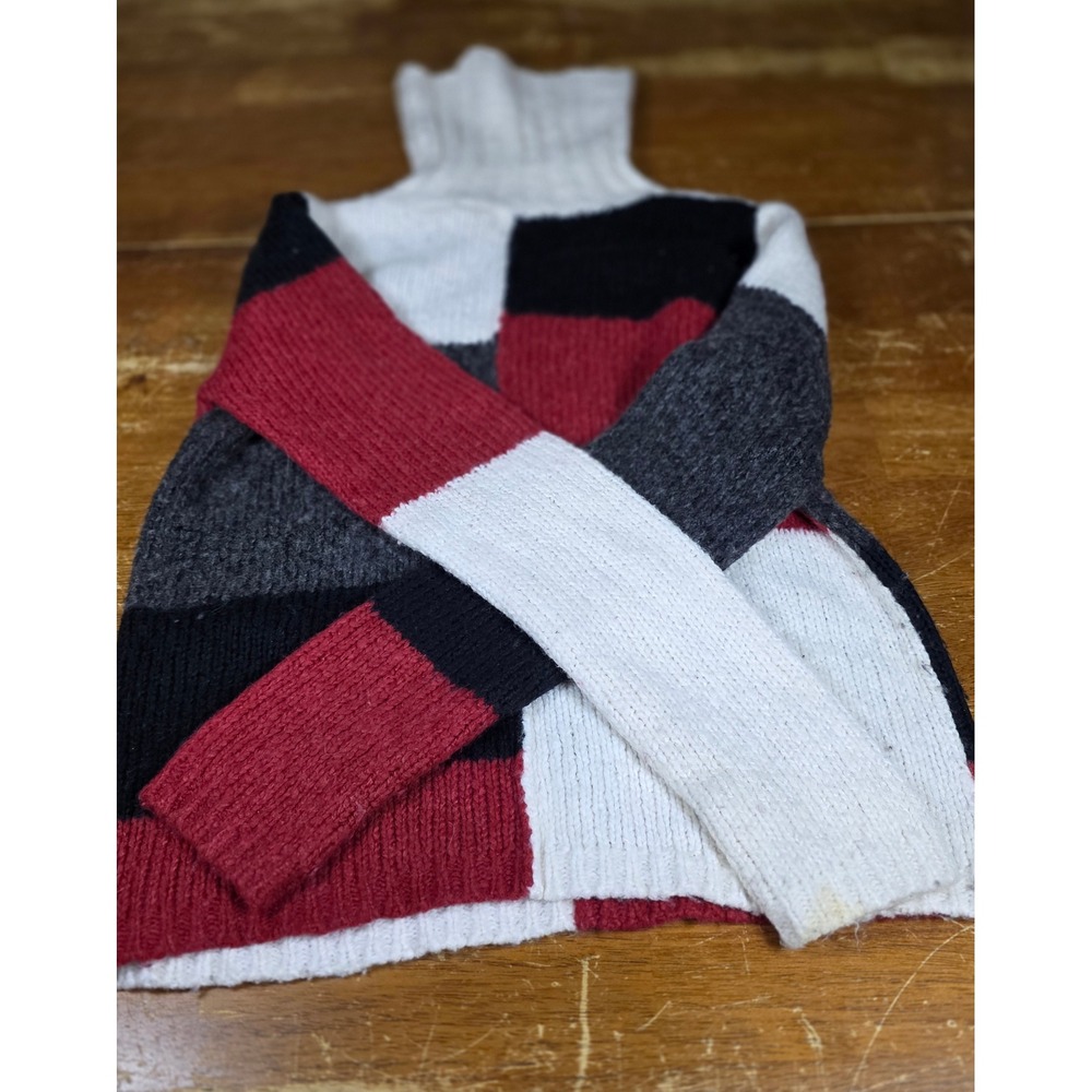 Tangents Colorblock Patchwork Turtleneck Sweater Red Black White Wool Blend S